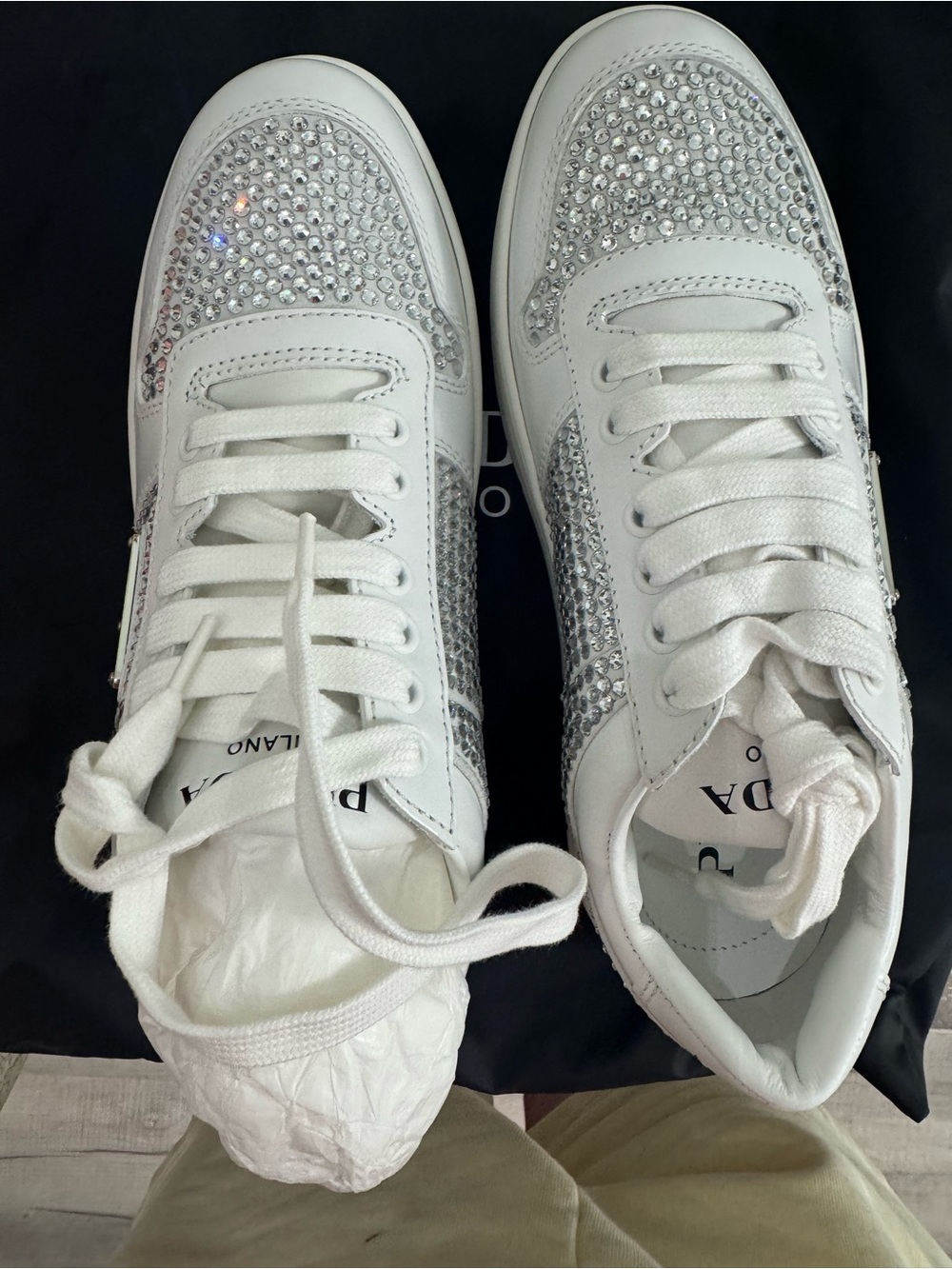 Prada White Leather Sneakers with Crystal Embellishment